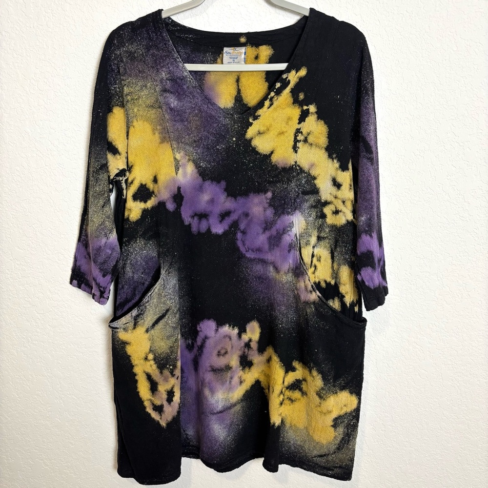 Sea Breeze Tie Dye Acid Wash Tunic Top With Pockets Women’s Small Whimsy Artsy